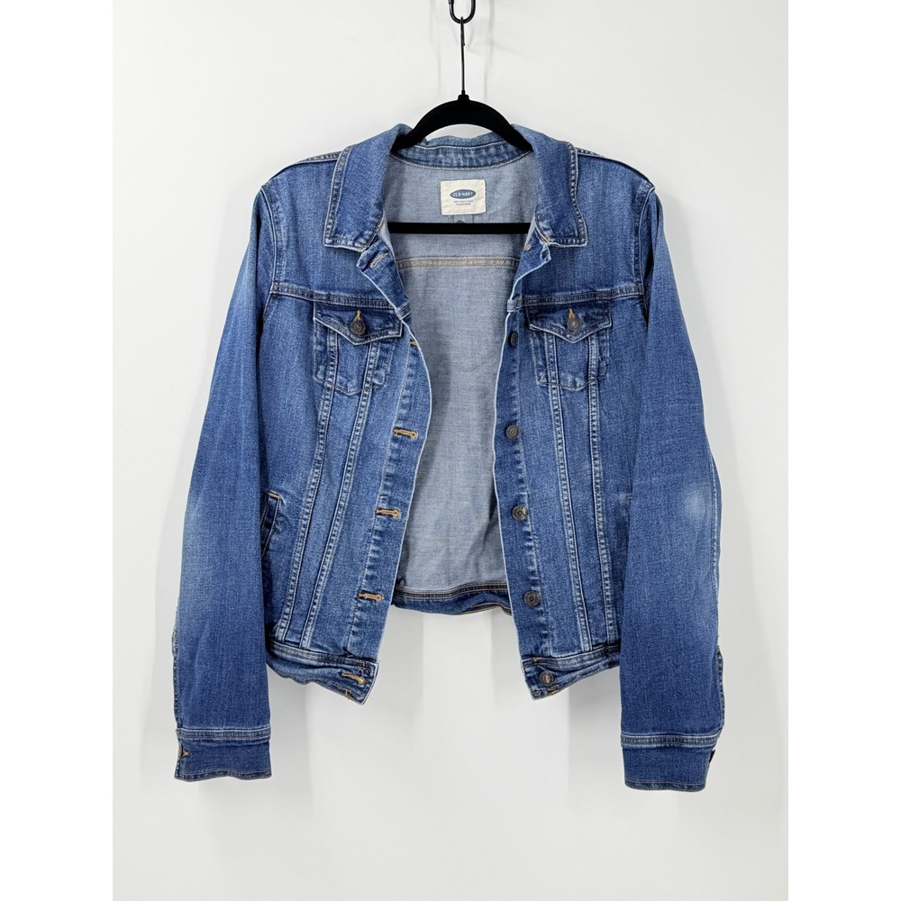 Old Navy Denim Jacket Womens sz L Tall Blue Jean Trucker Broken In Casual